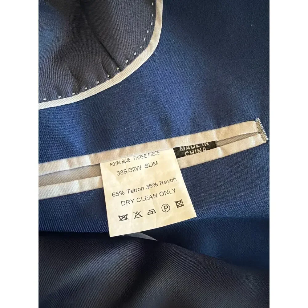 sharp Suits 3 piece suit royal blue 38S 32W euro slim